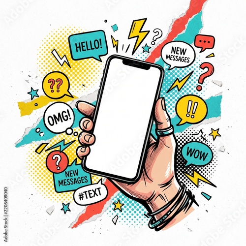 Vibrant hand holding smartphone with dynamic comic-style text bubbles and lightning effects