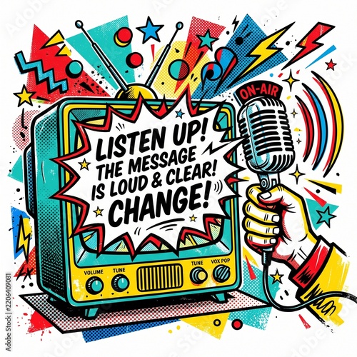 Vintage TV with bold message and microphone graphic for change campaign design