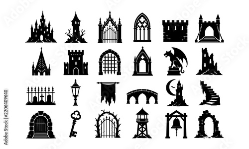 Gothic castle and medieval architecture icon set