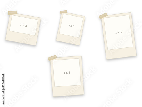 Instant photo frame mockups with adhesive tape. Featuring blank polaroid papers in various aspect ratios including square and portrait formats. Isolated on white background for creative projects