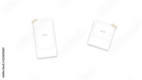 Polaroid photo frames mockup isolated on white background. Two instant photo frames attached with adhesive tape. Minimalist paper mockups for photography display and creative portfolio presentation