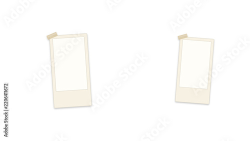 Instant photo frame mockup with adhesive tape. Two blank vintage picture frames on white background. Paper photo placeholder for personal memories and creative design projects