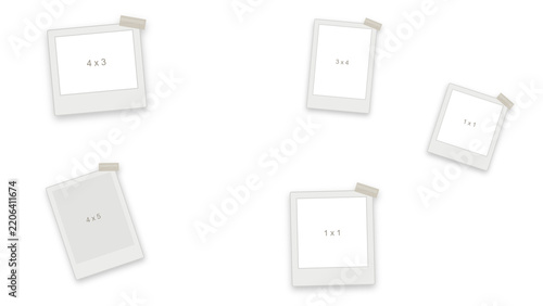 Polaroid frames layout with adhesive tape on a white background. Five instant photo mockups with different aspect ratios. Blank instant pictures arranged for creative design projects