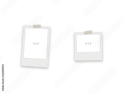 Instant photo frame mockup set featuring two white polaroid prints taped to a clean surface. Vertical three by four and horizontal four by three aspect ratio picture placeholders with adhesive tape