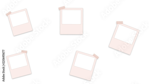 Instant photo frame mockup set. Blank polaroid pictures taped to a clean white surface with adhesive tape. Pastel pink photo paper templates for memory scrapbooking and creative displays