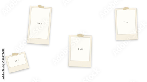 Photo frame mockup set. Four blank instant photo frames attached with adhesive tape on white background. Customizable templates with drop shadow effects for creative displays