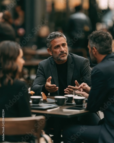 Candid shot of two colleagues having an outdoor business meeting at a cafÃ© table.