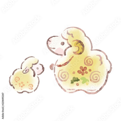 年賀2027　墨絵　水墨画　土鈴　ひつじ　羊　親子　動物　水彩　未年　未　干支　年賀状素材　イラスト