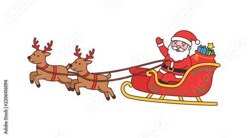 Santa claus waving from a sleigh pulled by two reindeer