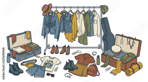 Bohemian music festival wardrobe collection featuring trendy apparel, suitcases, boots, and accessories in a flat graphic illustration style