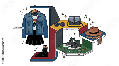 Modern fashion styling guide flat vector illustration with trendy clothing items and accessories on a multi-level display stand