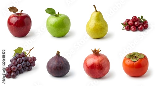 Assorted fresh fruits including apple, pear, grapes, fig, pomegranate, cranberries for seasonal marketing