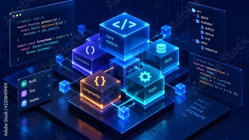 Digital software development architecture concept with glowing code modules components and workflow build tools