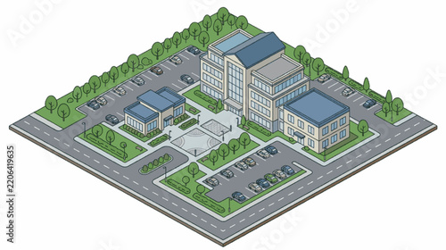 Modern Urban Office Complex with Parking Facilities.