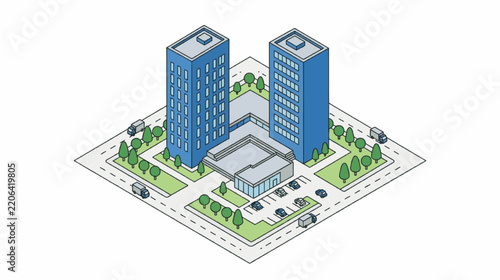 Modern urban twin office towers complex.