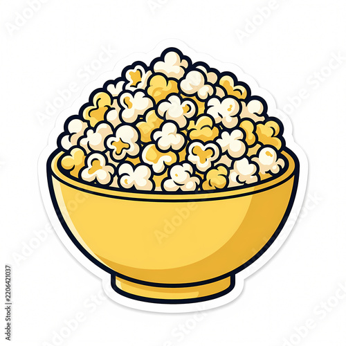 A bold vector illustration of a yellow bowl overflowing with crunchy popcorn kernels, featuring a sticker-style white border, isolated on a white background for movie snacks.