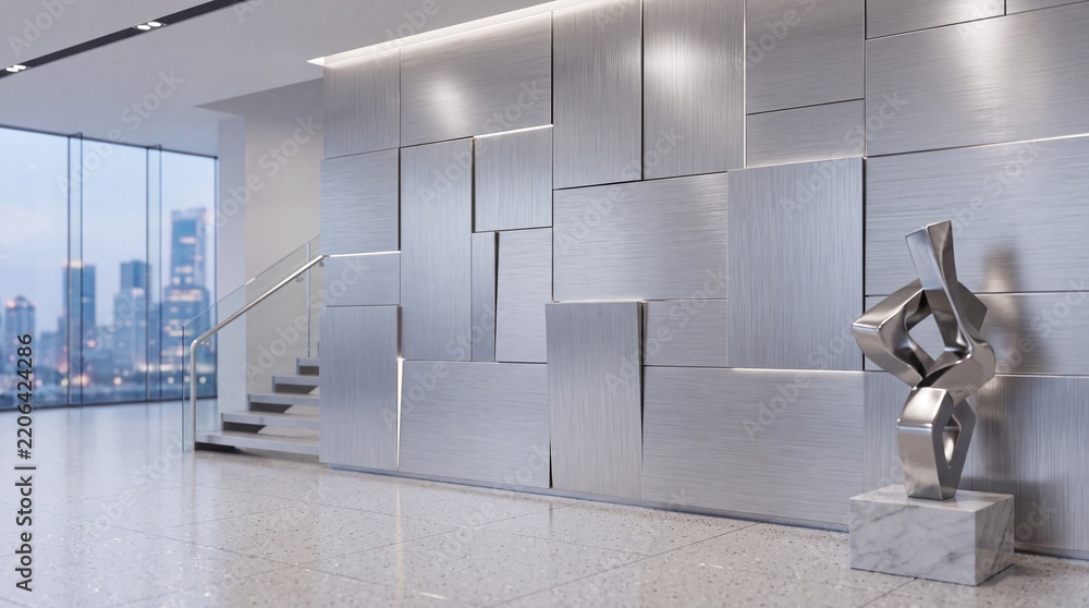Obraz premium Modern Futuristic Banking Hall or Corporate Office Lobby Featuring Brushed Metal Wall Panels with LED Lighting, Abstract Silver Sculpture, and Cityscape View through Large Windows