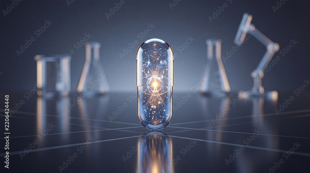 Obraz premium Advanced futuristic medical capsule featuring a glowing atomic core and energy particles, representing breakthrough pharmaceutical research and innovative drug development in a laboratory setting.