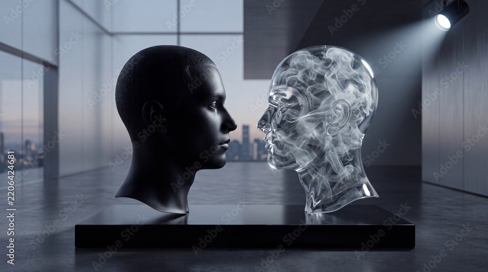 Obraz premium Conceptual art of two human head busts facing each other on a podium in a modern gallery setting, one head is solid matte black and the other is transparent glass filled with ethereal smoke