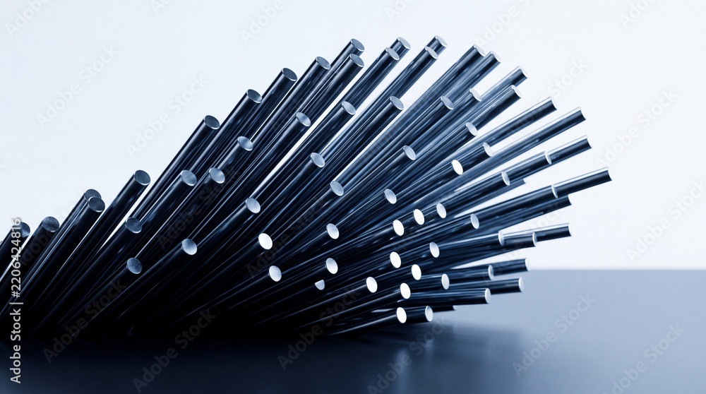 Obraz premium Close up of bulk stainless steel metal rods arranged in a dynamic wave pattern against a clean background, representing industrial manufacturing, precision engineering, and metallurgical supply.