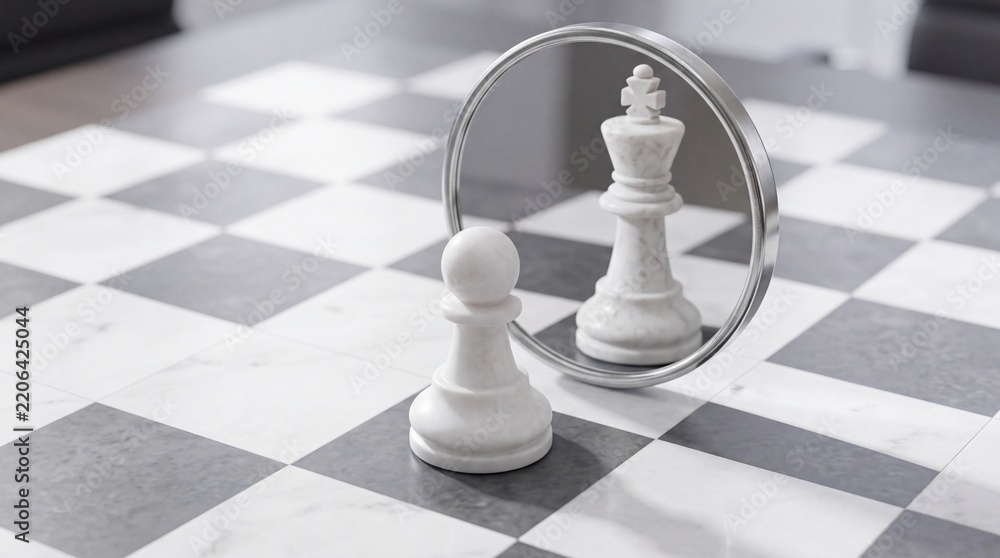 Obraz premium Conceptual Image of a White Marble Chess Pawn Looking into a Round Mirror and Seeing its Reflection as a King, Symbolizing Ambition, Career Growth, Business Strategy, and Hidden Potential.