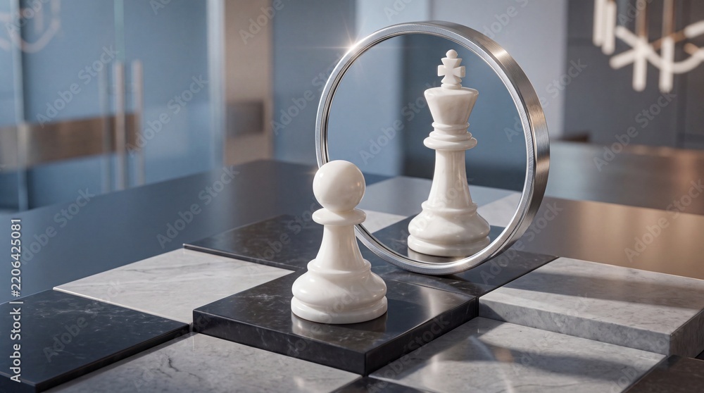 Obraz premium Conceptual image of a white pawn looking into a circular mirror and seeing its reflection as a king, symbolizing ambition, self-confidence, leadership, and potential for growth in business strategy.