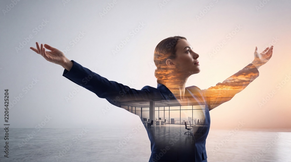 Obraz premium Successful Businesswoman with Arms Outstretched in a Creative Double Exposure Featuring a Modern Office Interior and a Beautiful Sunset Sky Representing Vision, Career Growth, and Achievement