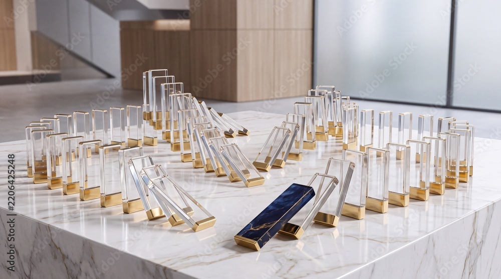 Obraz premium Concept of domino effect with luxury glass and gold blocks falling on a white marble surface in a modern office interior, symbolizing business strategy, chain reaction, and leadership impact.