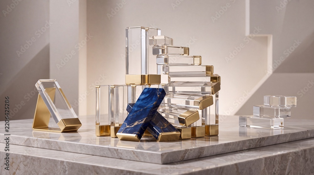 Obraz premium Luxury Cosmetic Packaging Concept with Transparent Glass Blocks, Polished Gold Accents, and Blue Lapis Lazuli Marble Textures Displayed on a Marble Surface in a Minimalist Studio Background