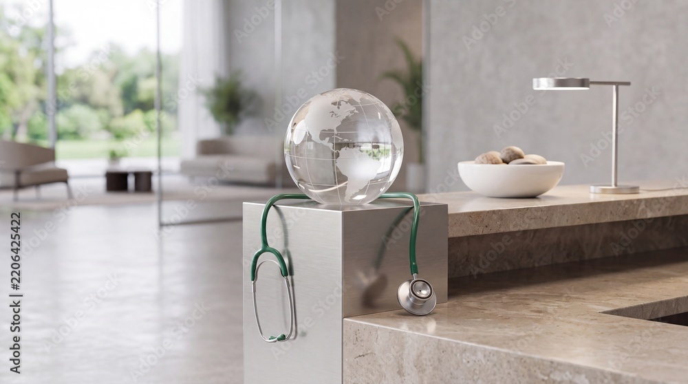 Obraz premium Global healthcare concept featuring a green medical stethoscope and a crystal glass globe on a reception desk in a modern, bright clinic lobby representing international medical services and wellness.