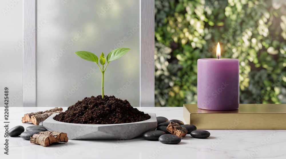 Obraz premium Peaceful Zen Still Life Featuring a Small Green Sprout Growing from Rich Soil, Smooth Black River Stones, and a Lit Purple Scented Candle on a White Marble Table for Wellness and New Life Concepts.