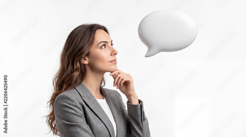 Obraz premium Thoughtful Young Professional Businesswoman in Gray Blazer Looking at Blank White 3D Speech Bubble Icon on White Background, Concept of Communication, Idea Generation, and Creative Thinking