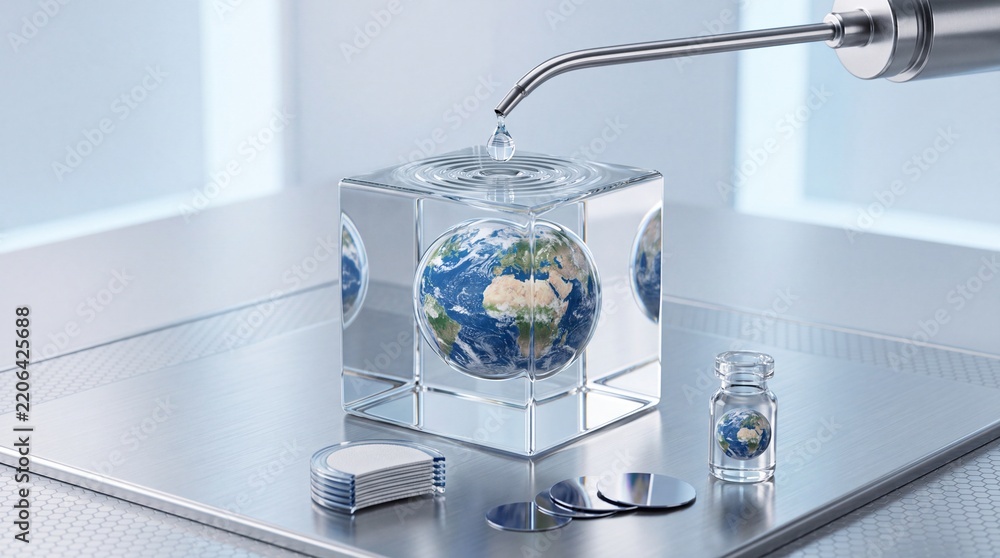 Obraz premium Conceptual image of environmental preservation and climate science research showing a miniature planet Earth globe protected inside a glass cube with a drop of water in a futuristic laboratory