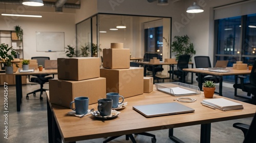 Modern office workspace with unpacked boxes and coffee cups on the table