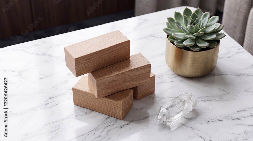 Obraz premium Minimalist composition of stacked natural wooden blocks on white marble surface with green succulent in gold pot and clear quartz crystal for modern home decor and zen lifestyle concept