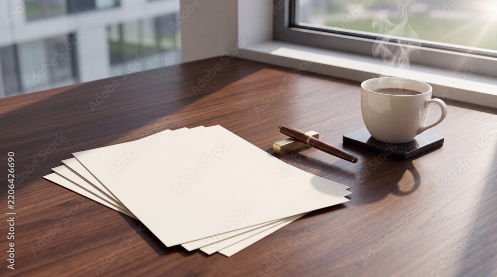 Fototapeta premium Blank white paper sheets mockup with an elegant fountain pen and a cup of steaming hot coffee on a wooden desk by a window with bright morning sunlight, ideal for writing or creative work.