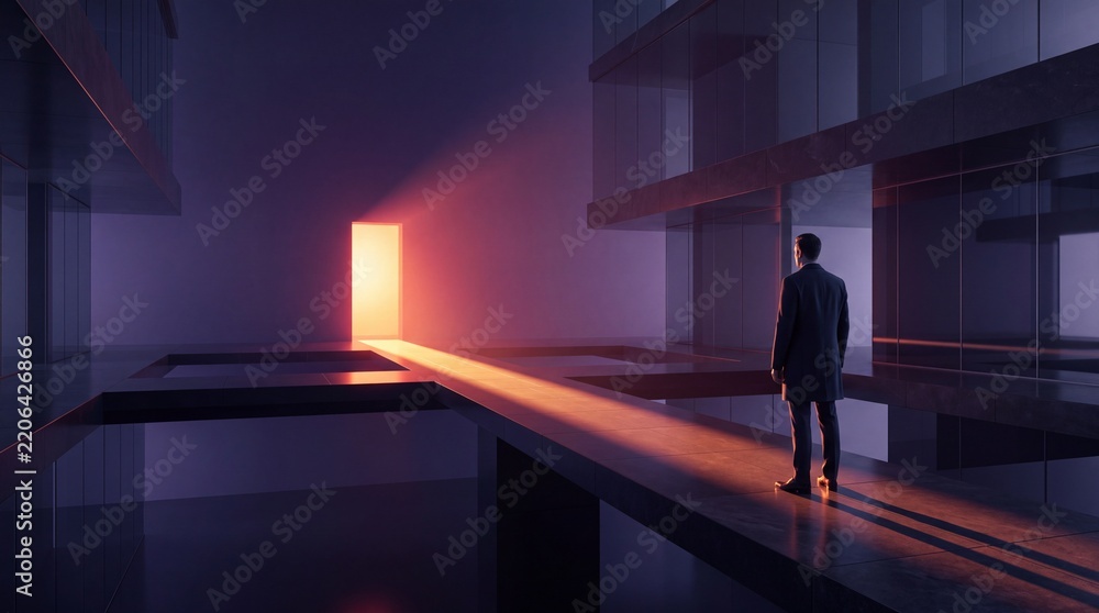 Obraz premium Businessman standing on a narrow pathway in a surreal minimalist architectural space looking towards a bright glowing doorway representing hope, opportunity, transition, and future success.
