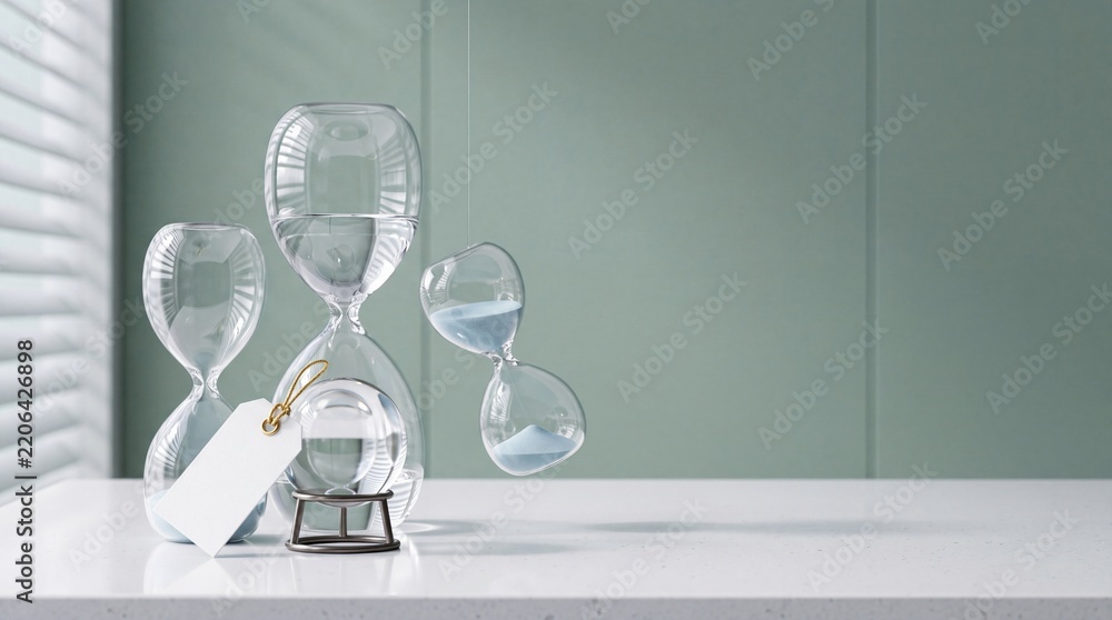 Obraz premium Composition of Elegant Glass Hourglasses and Crystal Sphere on a White Desk with Blank Tag and Sage Green Background Symbolizing Time Management Deadline and Surreal Concept of Floating Time