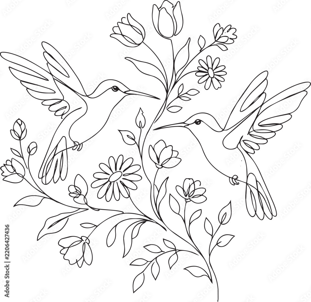 Fototapeta premium Continuous single line of two hummingbirds hovering around a cluster of various flowers and leaves on a white background