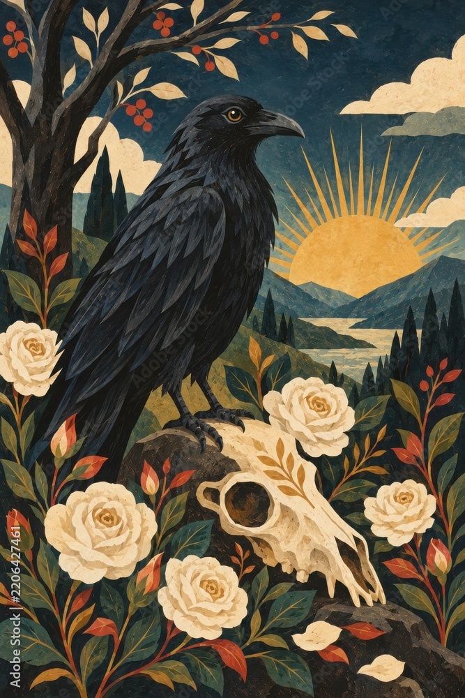 Obraz premium Dark Raven Standing Amidst Flowers and Skull in Scenic Artwork