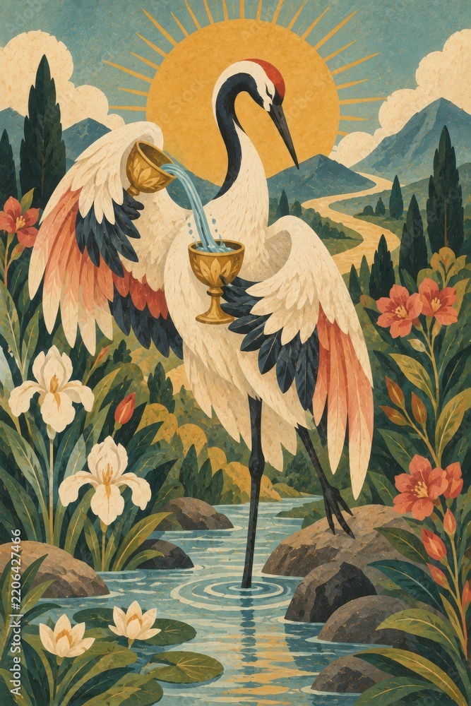 Obraz premium Elegant Crane Pouring Water Amidst Lush Nature and Vibrant Flowers