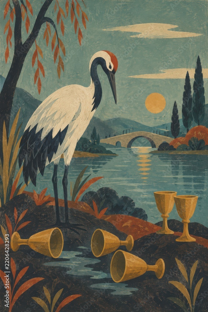Obraz premium Serene Crane by Riverbank with Goblets and Scenic Background