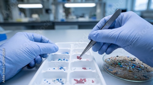 Anonymous hands sorting microplastic particles with tweezers in a laboratory
