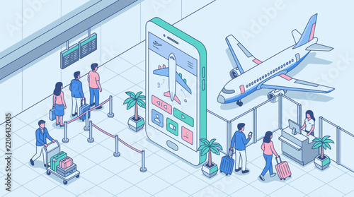 Professional Isometric of Airport Scene with Mobile App Interface and Travelers in Modern Minimalist Style