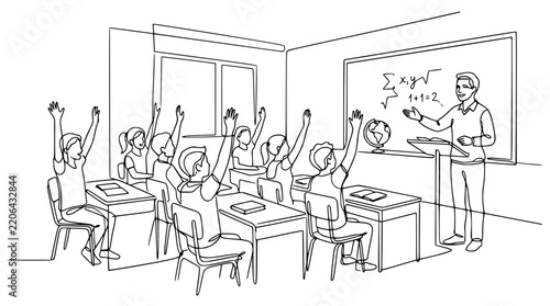 Students Raising Hands In Classroom, Teacher Explaining Math Problem