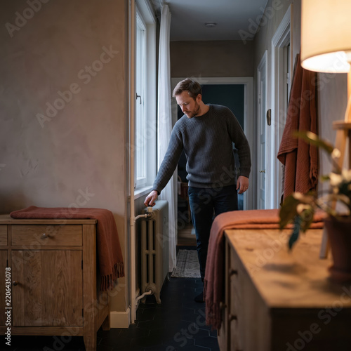 Young man adjusting the thermostat knob on a vintage heating radiator at home in winter