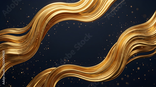 Golden silk ribbons flowing on dark blue background with sparkles