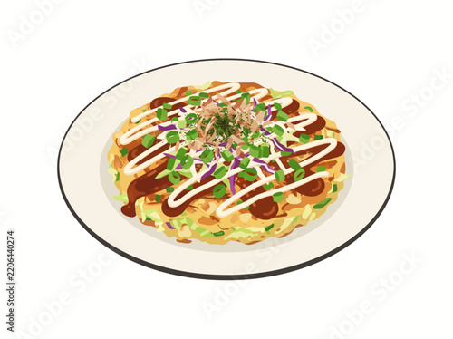 A Japanese okonomiyaki pancake topped with sauce, mayonnaise, scallions, and cabbage, presented on a simple plate in a colorful flat composition.