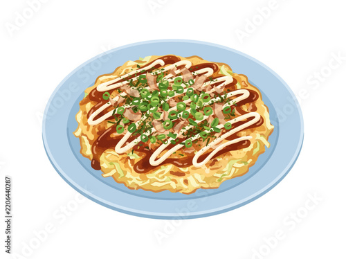 A Japanese okonomiyaki pancake topped with sauce, mayonnaise, scallions, and cabbage, presented on a simple plate in a colorful flat composition.