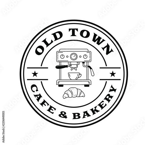 Coffee Machine and Croissant Logo for Cafe and Bakery Vintage Label